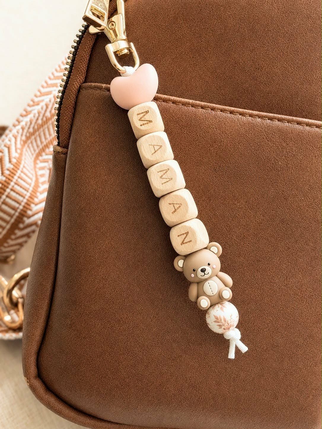 Porte-clé maman ours brun/fleurs doux